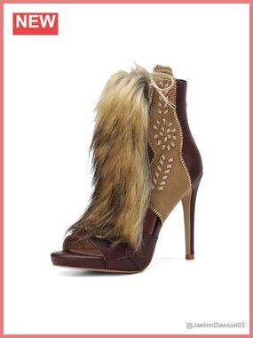 Faux Fox Fur Trim Peep Toe Ankle Boot Sandals Cutout Leather Lace Up Zip